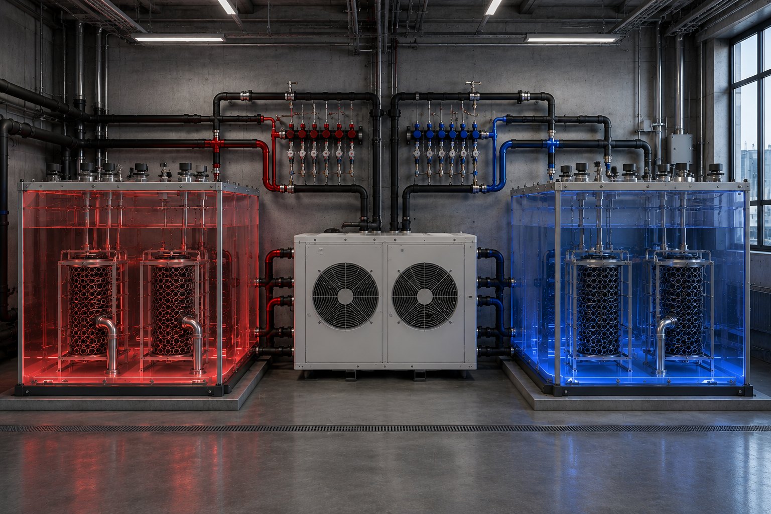 Deux cuves de stockage thermique encadrant une pompe à chaleur : circuit chaud à gauche, circuit froid à droite, échangeurs Calorcatcher immergés dans chaque cuve.